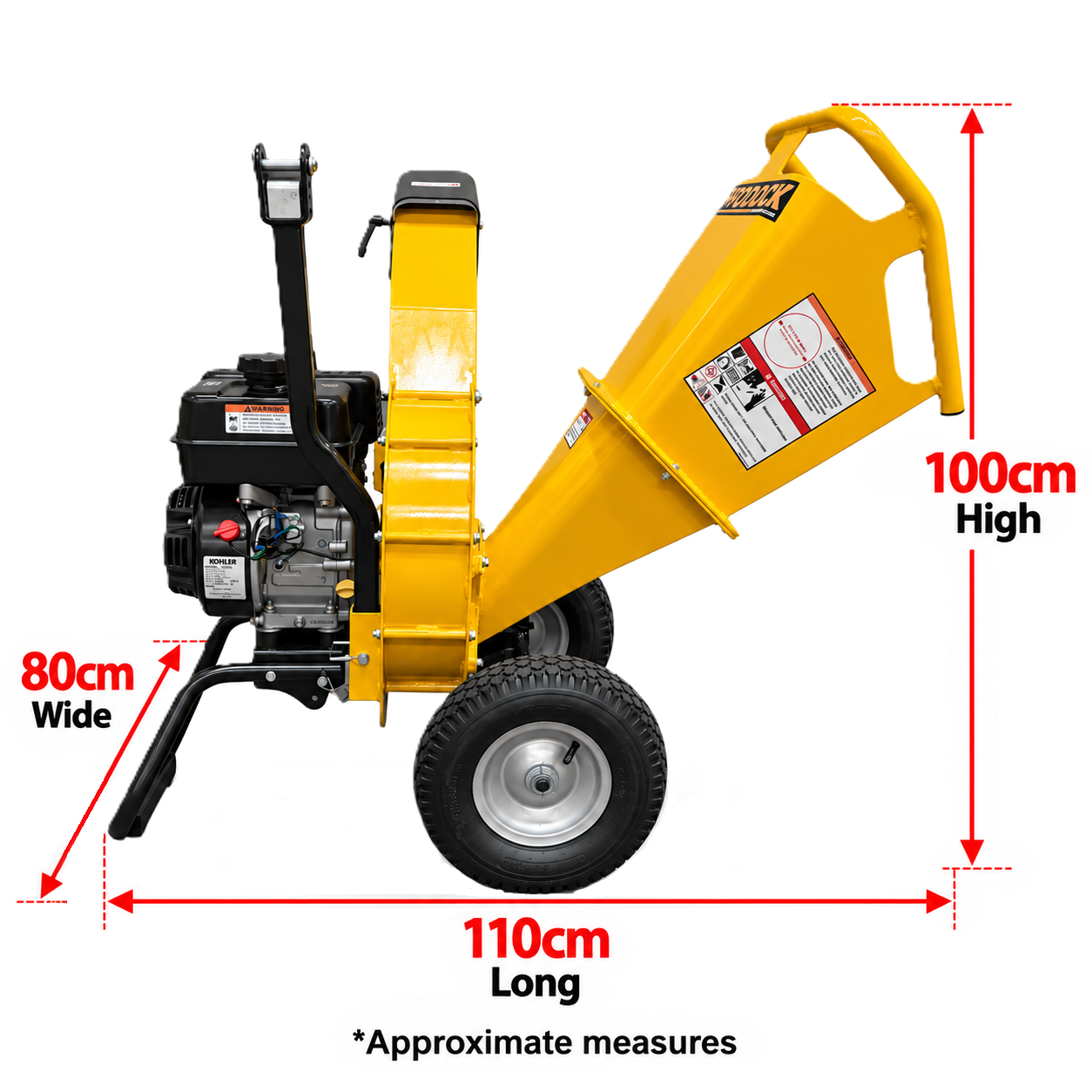 Yellow Paddock™ Wood Chipper Shredder 75mm with a 6.5hp Kohler engine and wheels, showing its height, length, and width dimensions marked with red arrows.