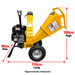 Yellow Paddock™ Wood Chipper Shredder 75mm with a 6.5hp Kohler engine and wheels, showing its height, length, and width dimensions marked with red arrows.