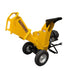 Yellow Paddock™ Wood Chipper Shredder 75mm with two wheels, a hopper chute, and a 6.5hp Kohler engine.