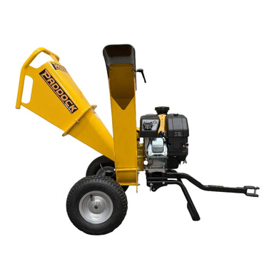 Yellow Paddock™ Wood Chipper Shredder 75mm on wheels with a tow hitch and a 6.5hp Kohler engine.