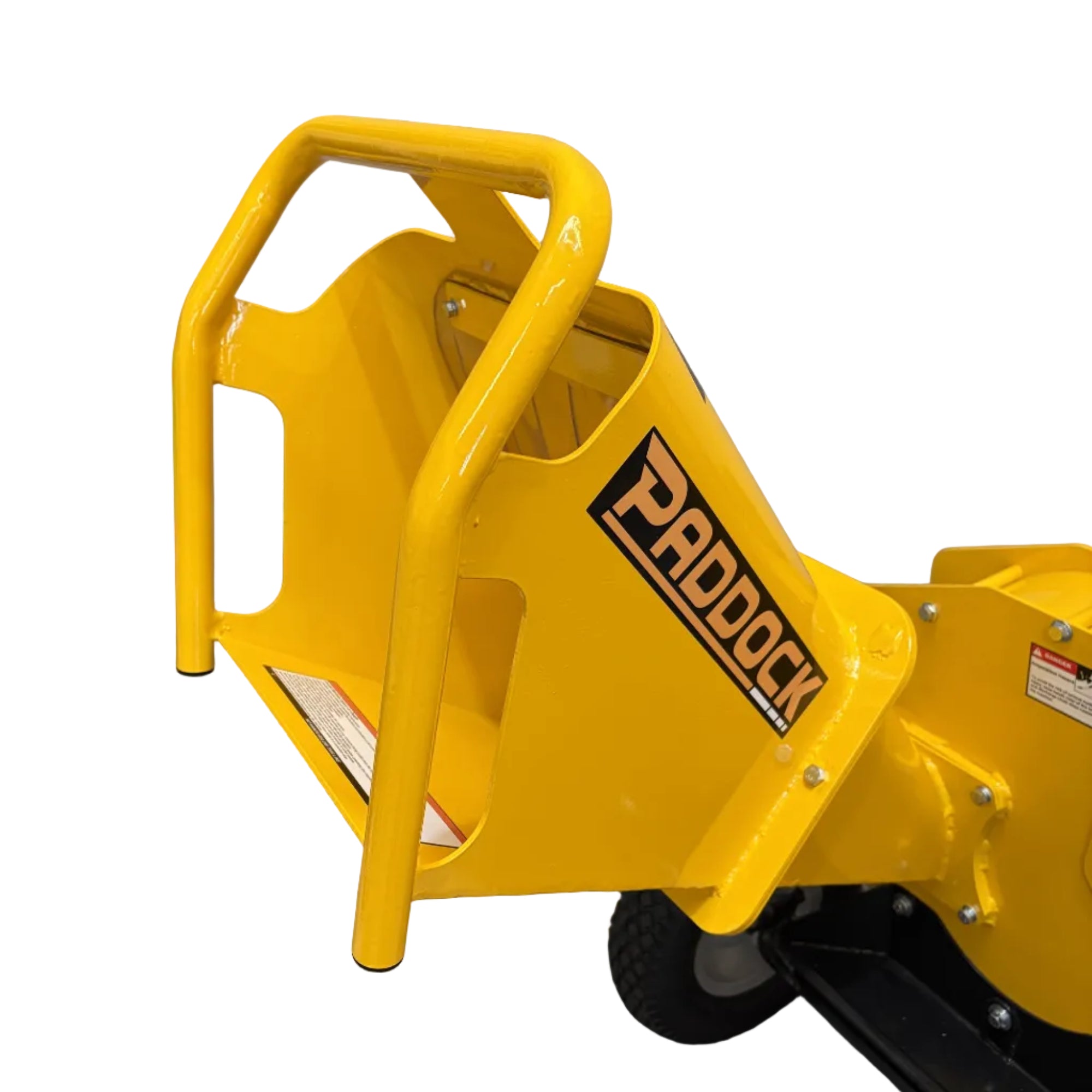 Yellow 6.5hp Paddock™ Wood Chipper Shredder 75mm with a prominent intake chute and safety handle.