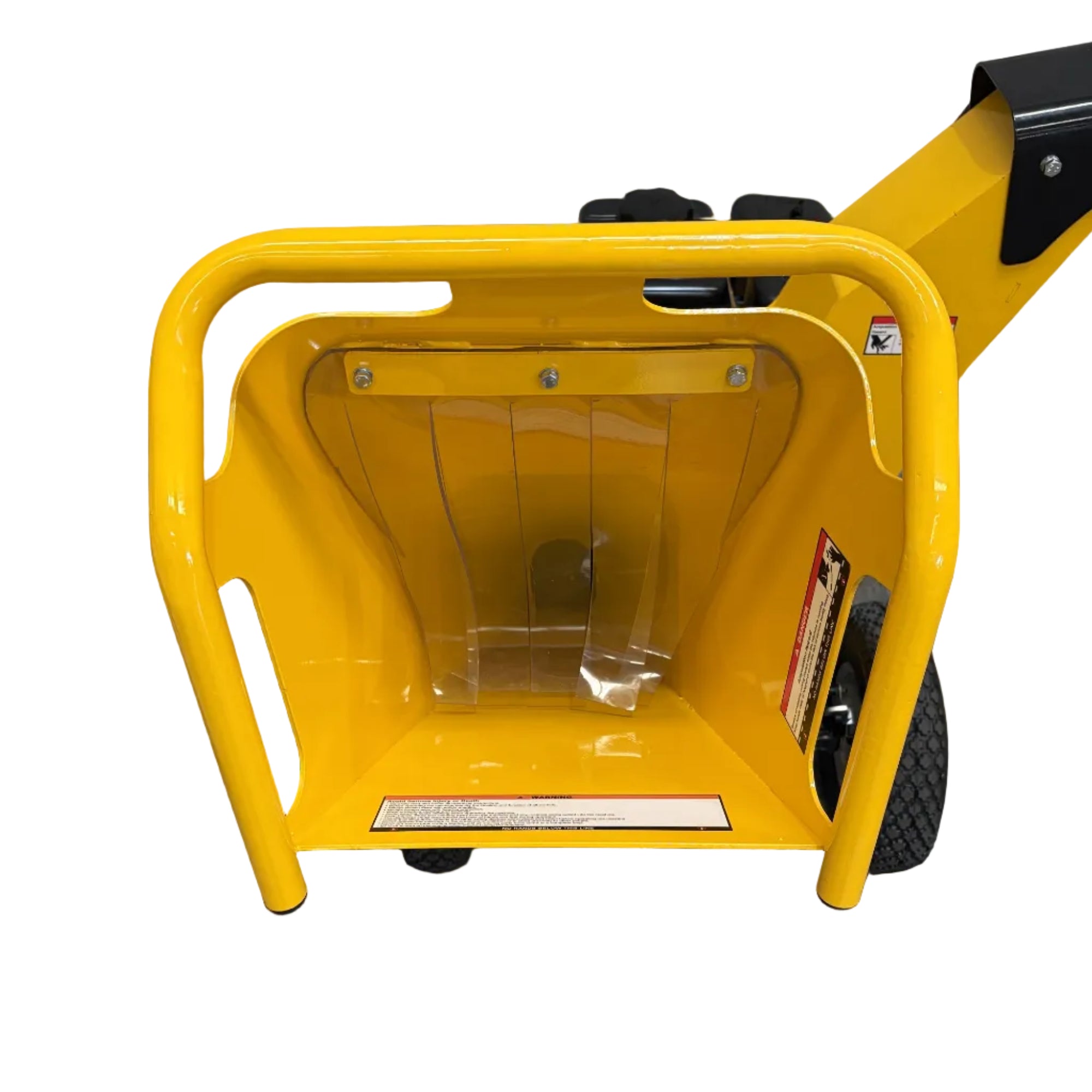 Yellow Paddock™ Wood Chipper Shredder 75mm feed hopper with a clear plastic safety flap.