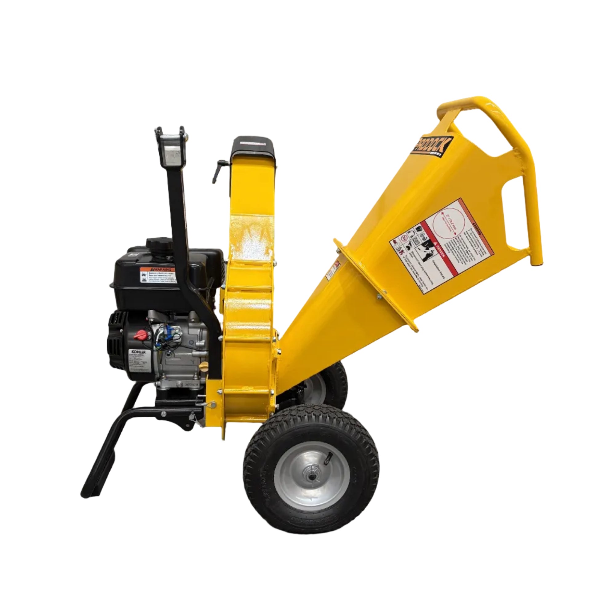 Yellow Paddock™ Wood Chipper Shredder 75mm with a 6.5hp Kohler engine, a tall feed hopper, and two wheels.