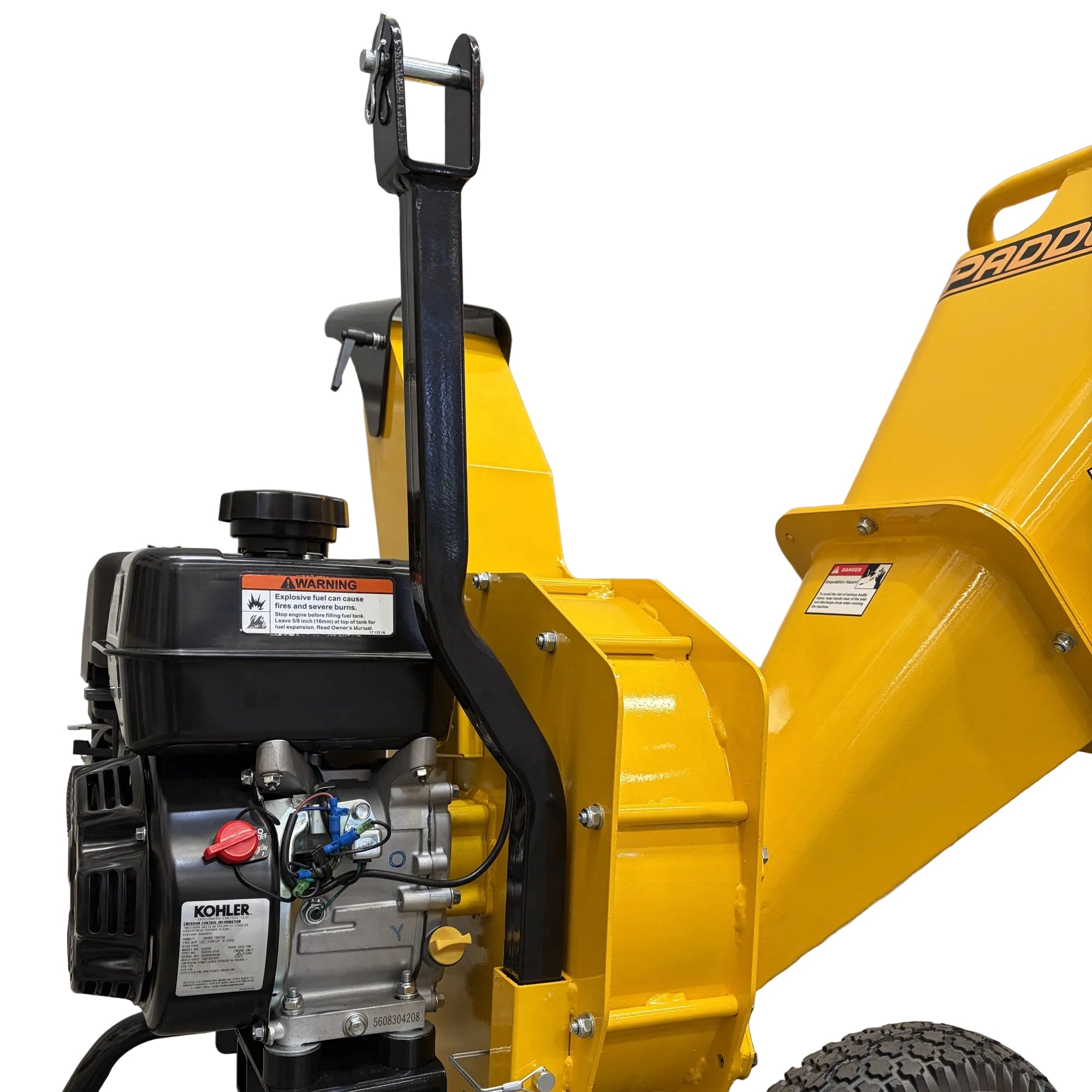 A yellow Paddock™ Wood Chipper Shredder 75mm featuring a 6.5hp Kohler engine, a black combustion engine, and an upright metal tow hitch.