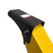 Adjustable black discharge chute on a yellow Paddock™ Wood Chipper Shredder 75mm, featuring a safety warning label.