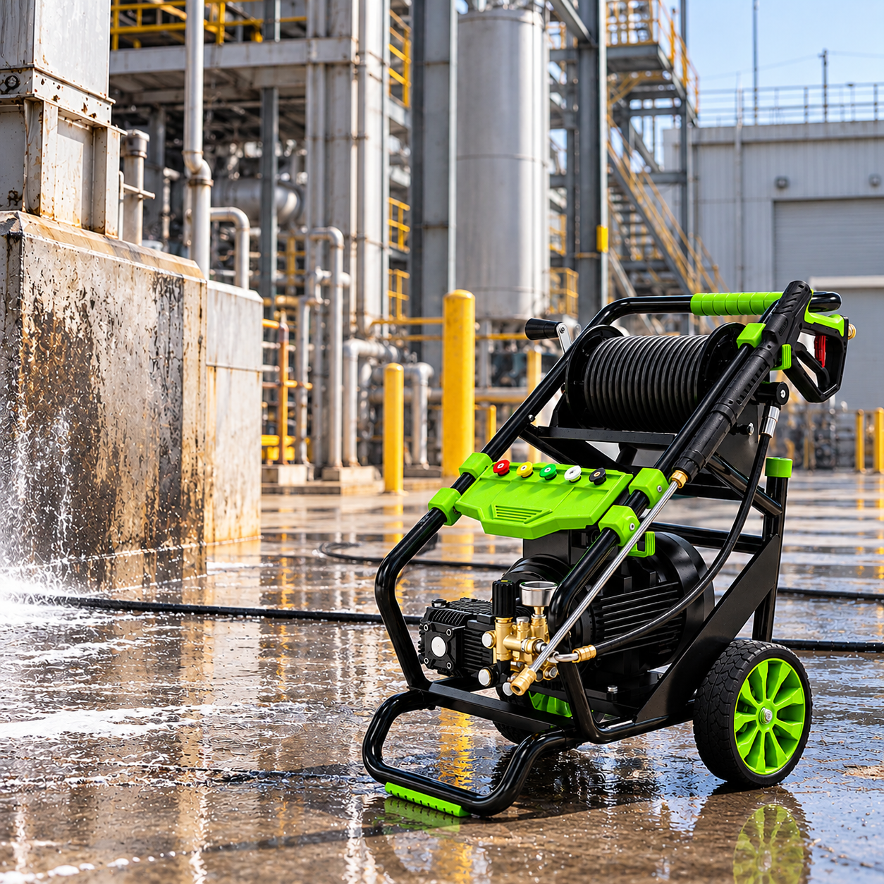 A Paddock™ Electric 3,600 PSI Pressure Washer with Hose Reel – 7.5kW 3 Phase by Paddock rests on a wet concrete surface near metal pipes and machinery, spraying water onto the ground in the background.