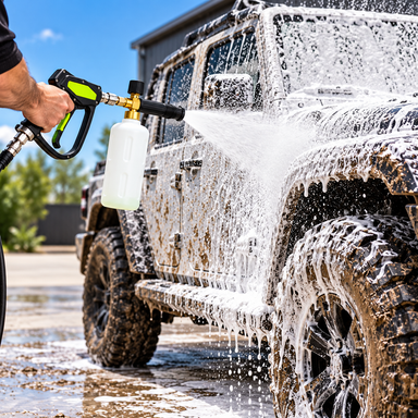 A person using a Paddock™ Pressure Washer Snow Foam Cannon – 1L, 4000 PSI to spray thick cleaning foam onto a muddy off-road vehicle.
