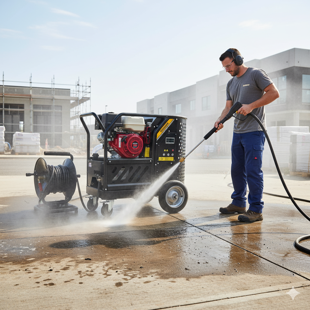 A man wearing ear protection uses a Paddock Hot Water Pressure Washer by Paddock to clean outdoor concrete at a construction site, with modern buildings and construction materials in the background.