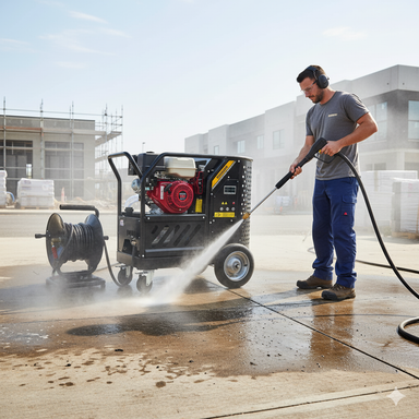 A man wearing ear protection uses a Paddock Hot Water Pressure Washer by Paddock to clean outdoor concrete at a construction site, with modern buildings and construction materials in the background.