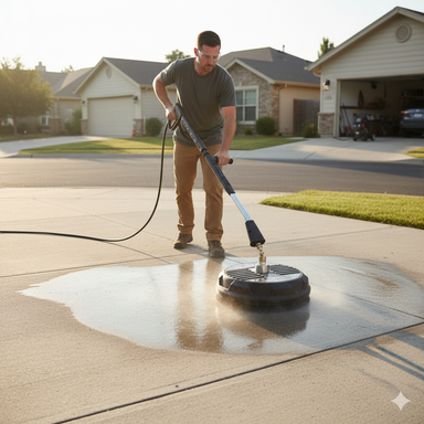 A man uses the Paddock Driveway Cleaner by Paddock to wash a concrete driveway in a suburban neighborhood on a sunny day.