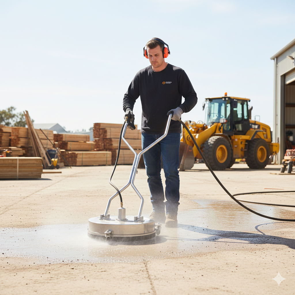 A man in ear protectors operates a Paddock Floor and Surface Pressure Washer Cleaner to wash outdoor concrete at a lumber yard, with stacked wood and a front loader in the background.