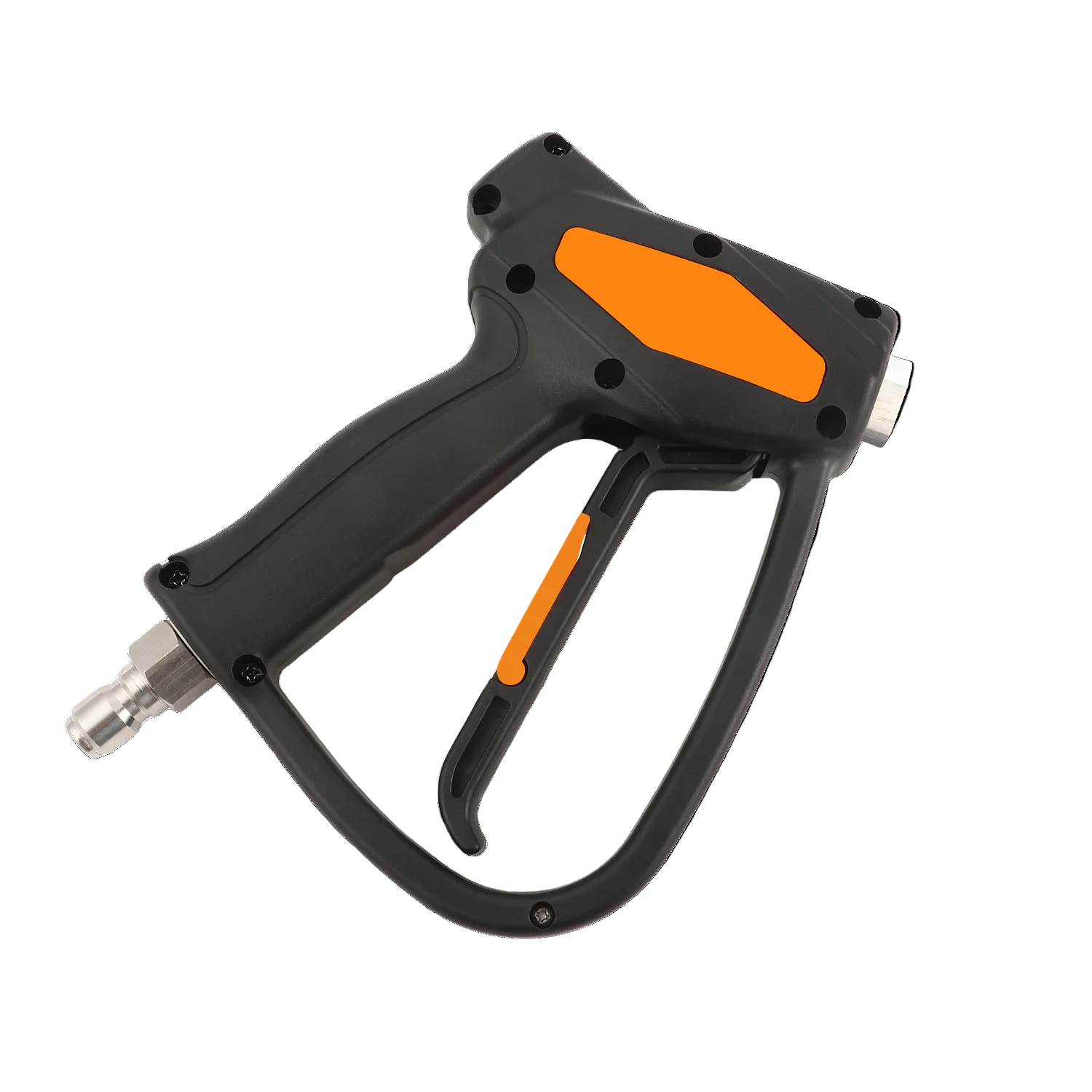 The Paddock™ 5000 PSI Brass Jetting Trigger Gun by Paddock is shown against a white background, featuring a sleek black and orange design with a comfortable trigger handle and a durable metal nozzle. Engineered for powerful cleaning performance and reliability, this pressure washer trigger gun delivers exceptional results.