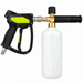 A Paddock™ 5000 PSI Brass Jetting Trigger Gun for a pressure washer with an attached white soap foaming canister.