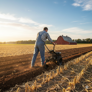 A farmer in overalls uses a Paddock Walk Behind Tractor Fixed Plough Attachment by Paddock to plow rows in a harvested field, with a red barn, trees, and sunset sky visible in the background.