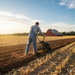 A farmer in overalls uses a Paddock Walk Behind Tractor Fixed Plough Attachment by Paddock to plow rows in a harvested field, with a red barn, trees, and sunset sky visible in the background.