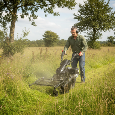 A man wearing ear protection uses a Paddock Walk Behind Tractor Flail Mower Attachment by Paddock to cut tall grass in a rural field surrounded by trees under a partly cloudy sky.