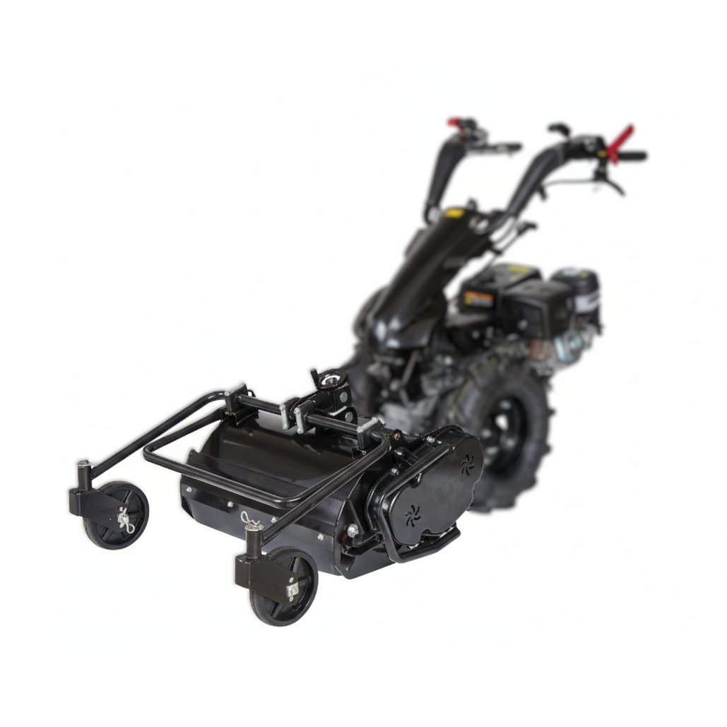 The Paddock Walk Behind Tractor Flail Mower Attachment by Paddock is shown on a white background. This rugged, two-wheeled black attachment features handlebars and controls, making it ideal for various mowing tasks.