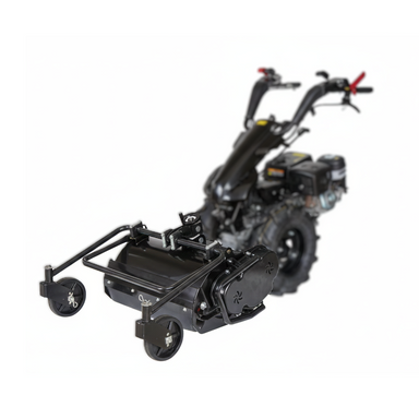 The Paddock Walk Behind Tractor Flail Mower Attachment by Paddock is shown on a white background. This rugged, two-wheeled black attachment features handlebars and controls, making it ideal for various mowing tasks.