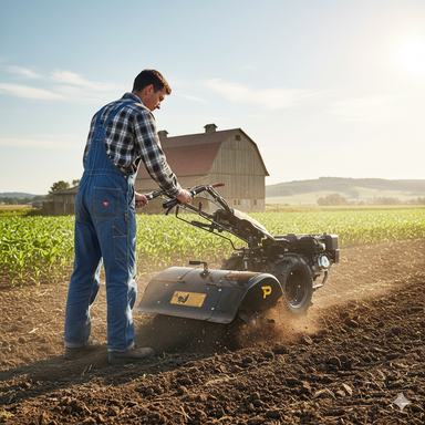 A man in overalls uses a Paddock Walk Behind Tractor Tiller Attachment by Paddock in a field near a barn, surrounded by crops and a clear sky, capturing a classic rural farming scene.