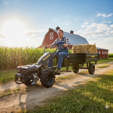 A man drives a Paddock Walk Behind Tractor Trailer Attachment by Paddock loaded with hay along a dirt path on a farm, with a red barn and cornfield in the background under a sunny sky.