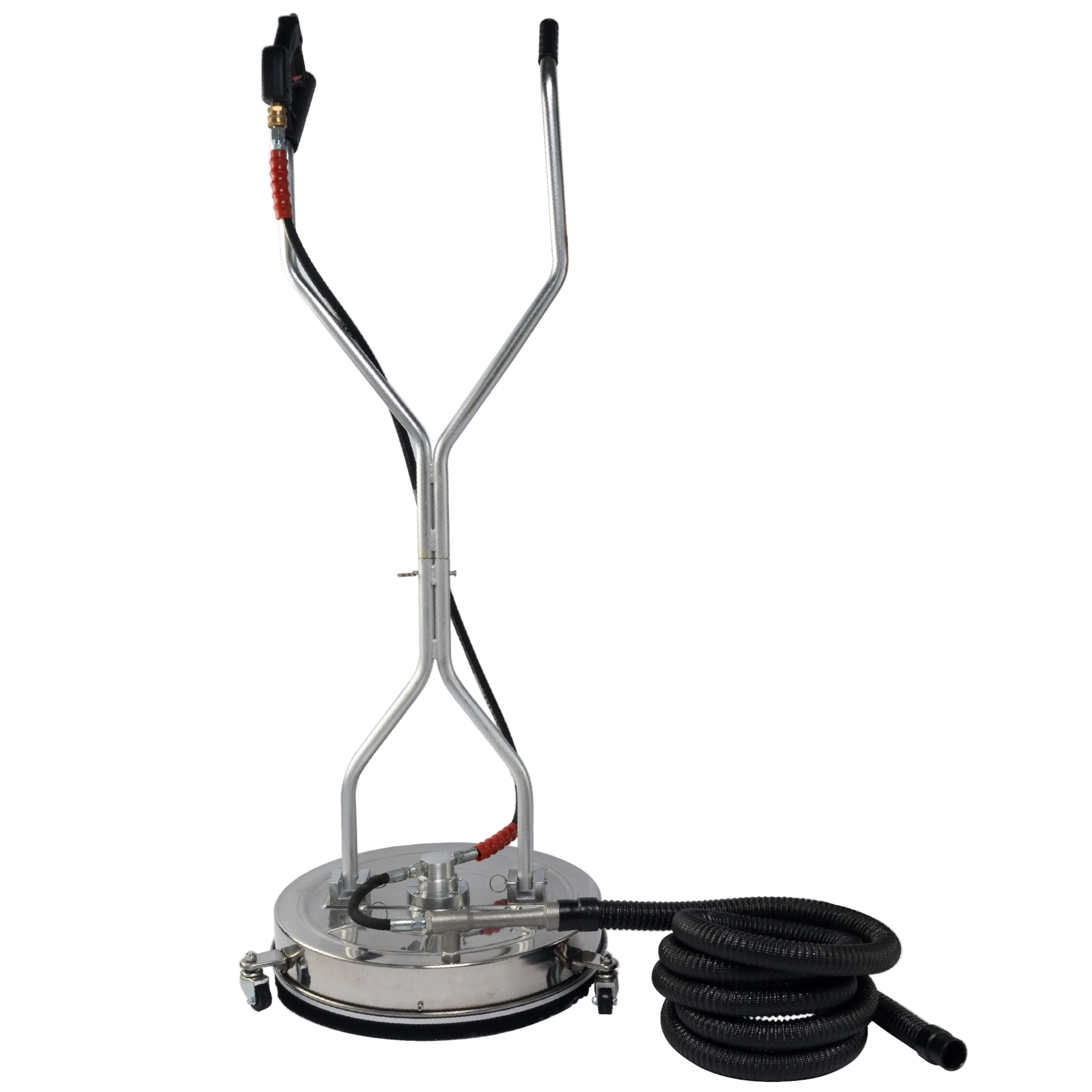 The Paddock™ Venturi Water Recovery Surface Cleaner by Paddock is a commercial floor cleaning machine featuring a round metal base, dual handles, and an attached black hose coiled on the right side, designed for efficient pressure washing and wastewater recovery.
