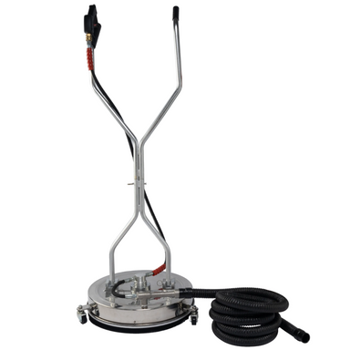 The Paddock™ Venturi Water Recovery Surface Cleaner by Paddock is a commercial floor cleaning machine featuring a round metal base, dual handles, and an attached black hose coiled on the right side, designed for efficient pressure washing and wastewater recovery.