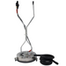 The Paddock™ Venturi Water Recovery Surface Cleaner by Paddock is a commercial floor cleaning machine featuring a round metal base, dual handles, and an attached black hose coiled on the right side, designed for efficient pressure washing and wastewater recovery.