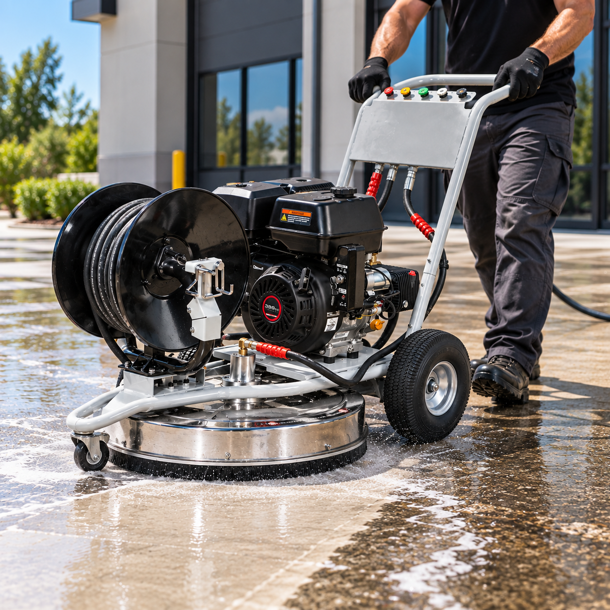 A person uses the Paddock™ 3,600 PSI 3-in-1 Pressure Washer & Surface Cleaner by Paddock to wash concrete outdoors, guiding the machine with gloved hands as water sprays beneath it while moving along the wet pavement near a modern building.