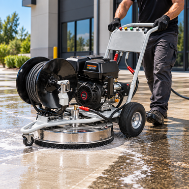 A person uses the Paddock™ 3,600 PSI 3-in-1 Pressure Washer & Surface Cleaner by Paddock to wash concrete outdoors, guiding the machine with gloved hands as water sprays beneath it while moving along the wet pavement near a modern building.