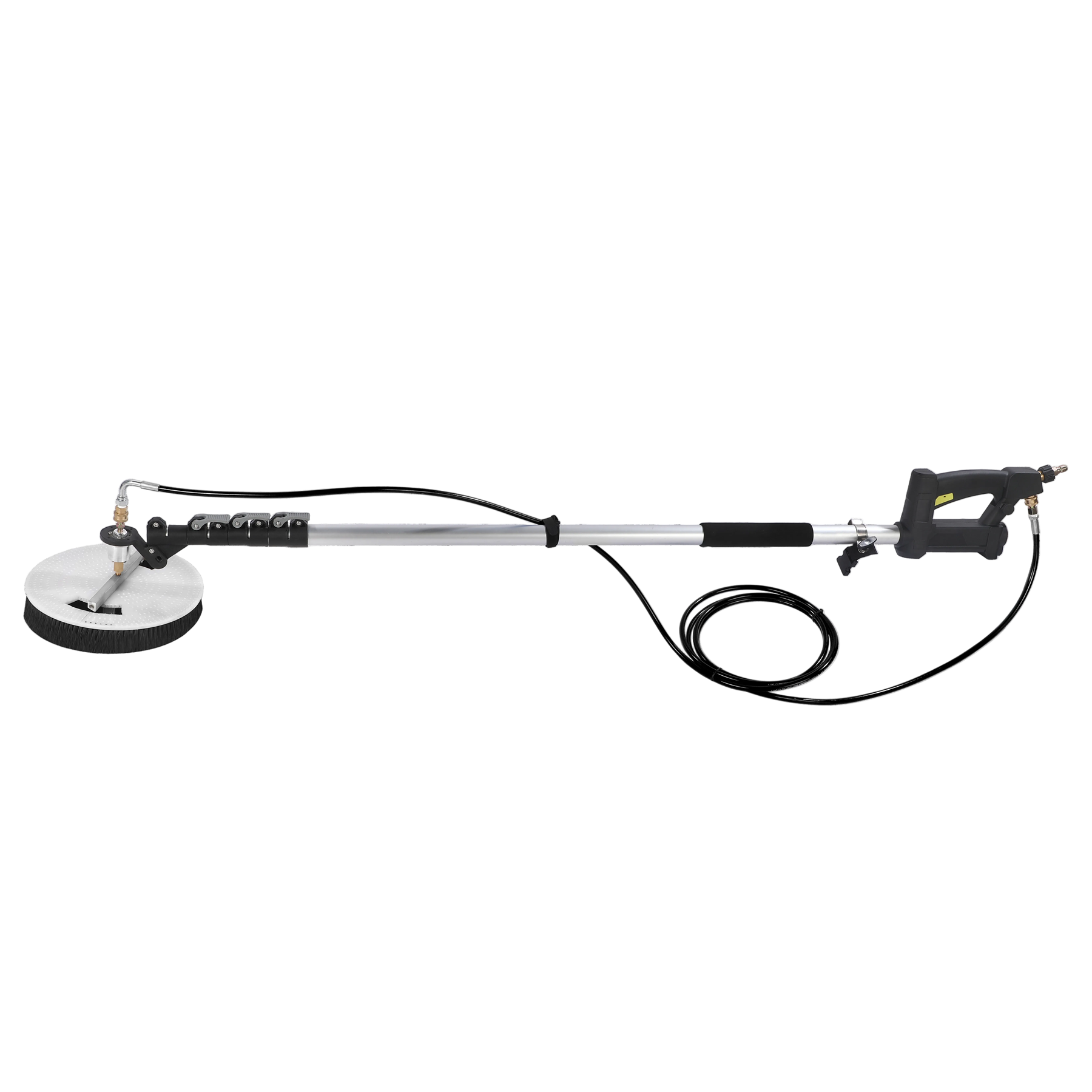 The Paddock™ Rotating Brush Telescoping 5.5m Wand Kit – Solar Panel Cleaner by Paddock features a circular rotating brush head, sturdy metal pole, telescoping wand extending up to 5.5 meters, ergonomic trigger grip handle, and integrated hose—specially designed for use with pressure washers to clean solar panels and other hard-to-reach surfaces effectively.