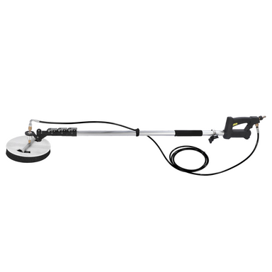 The Paddock™ Rotating Brush Telescoping 5.5m Wand Kit – Solar Panel Cleaner by Paddock features a circular rotating brush head, sturdy metal pole, telescoping wand extending up to 5.5 meters, ergonomic trigger grip handle, and integrated hose—specially designed for use with pressure washers to clean solar panels and other hard-to-reach surfaces effectively.