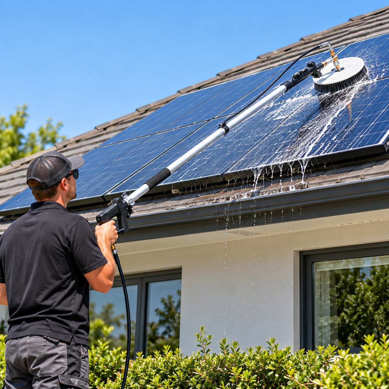 A person dressed in black is using the Paddock™ Rotating Brush Telescoping 5.5m Wand Kit – Solar Panel Cleaner by Paddock on a house roof to clean solar panels under a clear blue sky. Water runs off the panels as green shrubs appear in the foreground, showcasing the importance of maintaining elevated surfaces.