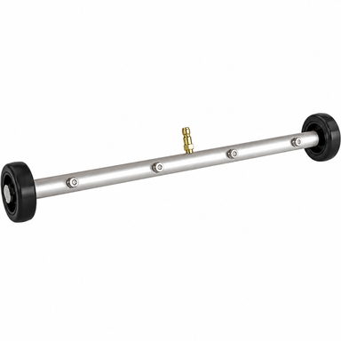 The Paddock™ Underbody Cleaning Wand 500mm (20″), by Paddock, features a metal spray bar with black wheels on each end, four spray nozzles along the bar, and a central brass connector. Designed as a pressure washer attachment for use as an undercarriage or underbody cleaning wand for vehicles, it is shown isolated on a white background.