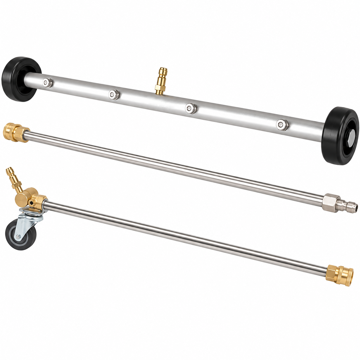 Three Paddock™ metal pressure washer attachments—including the 500mm (20″) Underbody Cleaning Wand with wheels and spray nozzles for vehicle undercarriage cleaning, a straight Paddock pressure washer wand with a wheel, and another straight wand—all featuring brass connectors from the Paddock brand, are displayed on a white background.