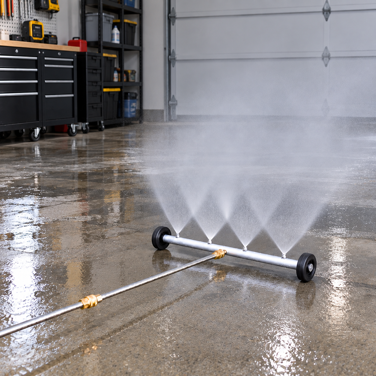 A Paddock™ Underbody Cleaning Wand 500mm (20″) from Paddock releases multiple water jets onto a wet garage floor, connected to a hose, with shelves and a closed garage door visible in the background.
