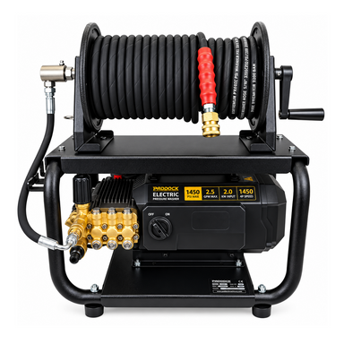 Paddock™ 1,450 PSI Wall Mountable Pressure Washer with hose reel, brass pump head, and a control panel displaying a 1450 PSI rating.