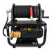 Paddock™ 1,450 PSI Wall Mountable Pressure Washer with hose reel, brass pump head, and a control panel displaying a 1450 PSI rating.