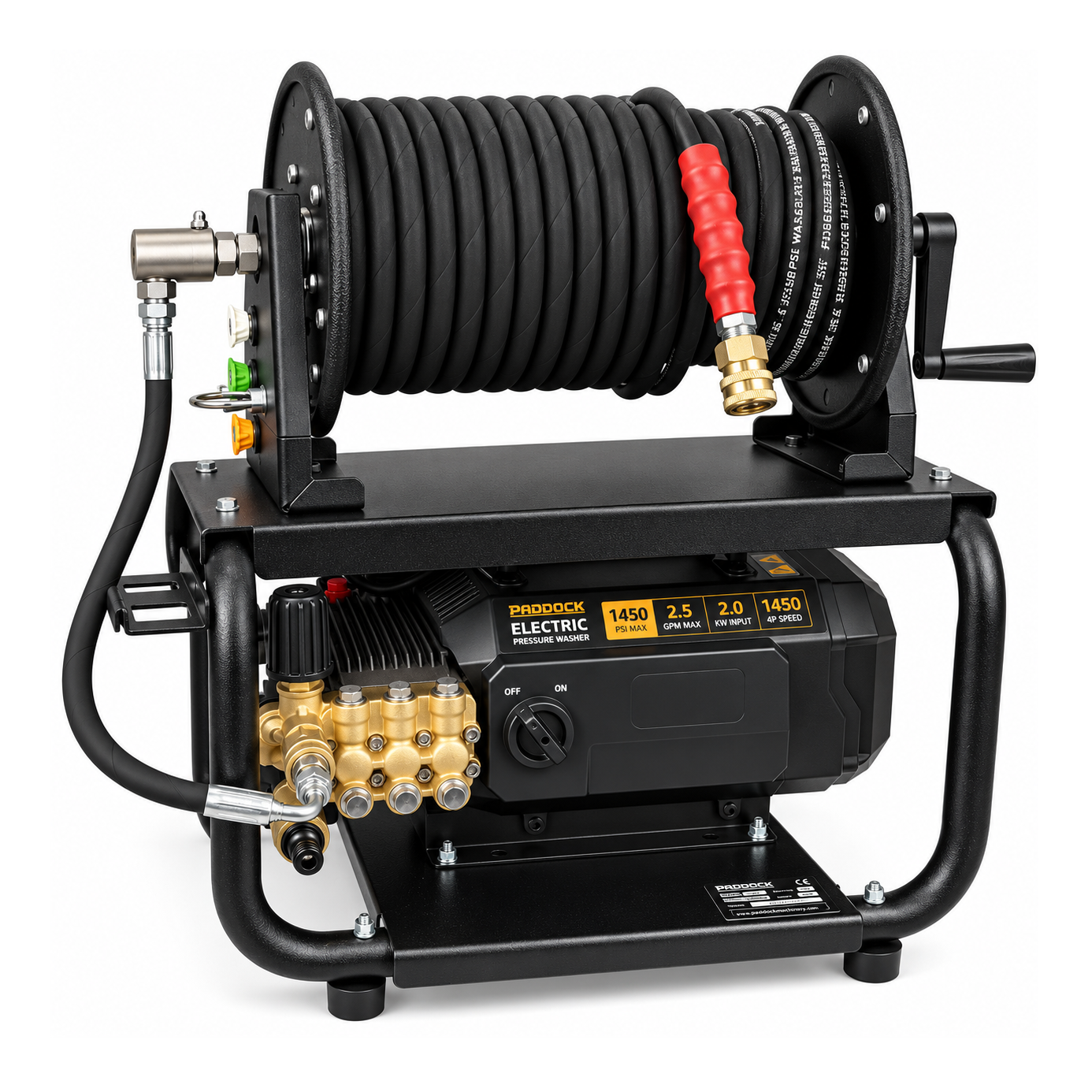 Paddock™ 1,450 PSI Wall Mountable Pressure Washer with a high-pressure hose reel, black coil hose, brass pump head, and front-panel on-off switch.