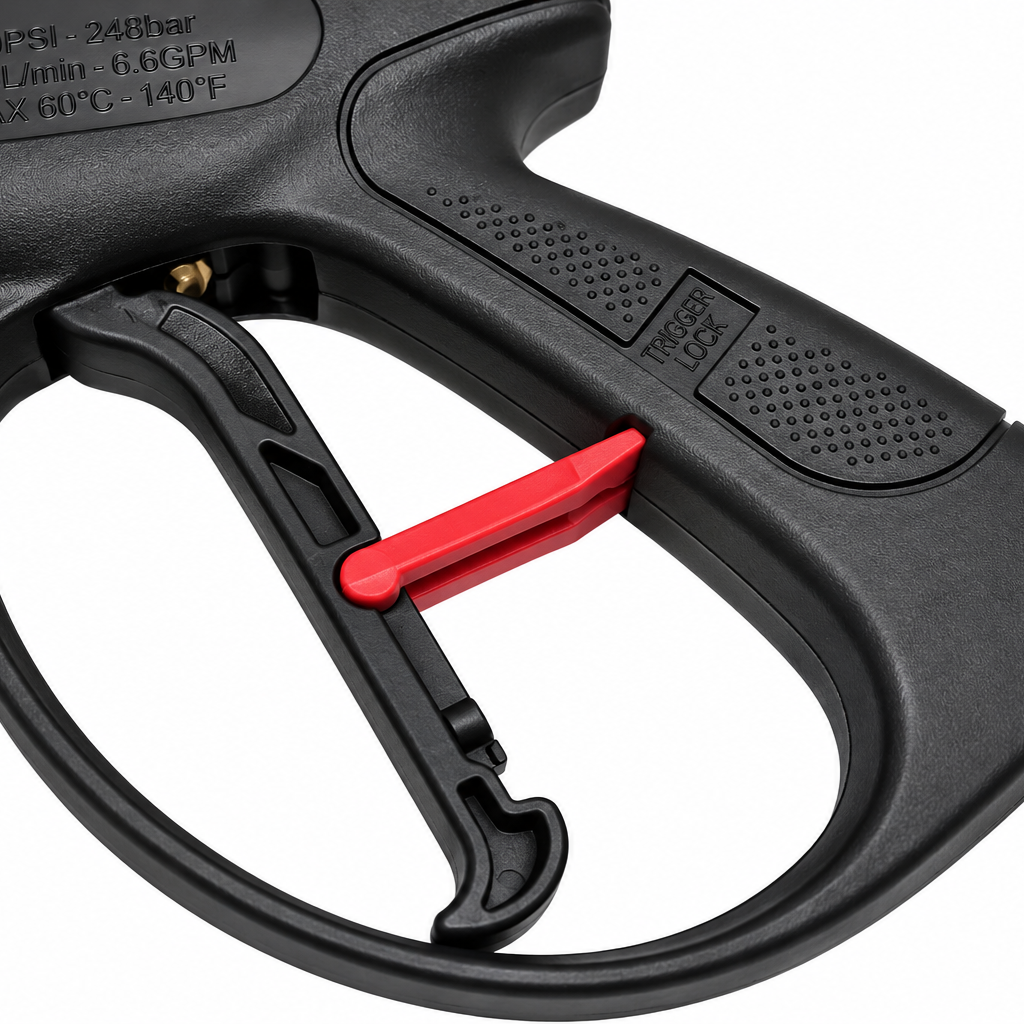 Close-up of a black pressure washer spray gun handle for the Paddock™ 1,450 PSI Wall Mountable Pressure Washer with Hose Reel, featuring a red trigger lock and pressure rating specifications.
