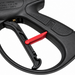 Close-up of a black pressure washer spray gun handle for the Paddock™ 1,450 PSI Wall Mountable Pressure Washer with Hose Reel, featuring a red trigger lock and pressure rating specifications.