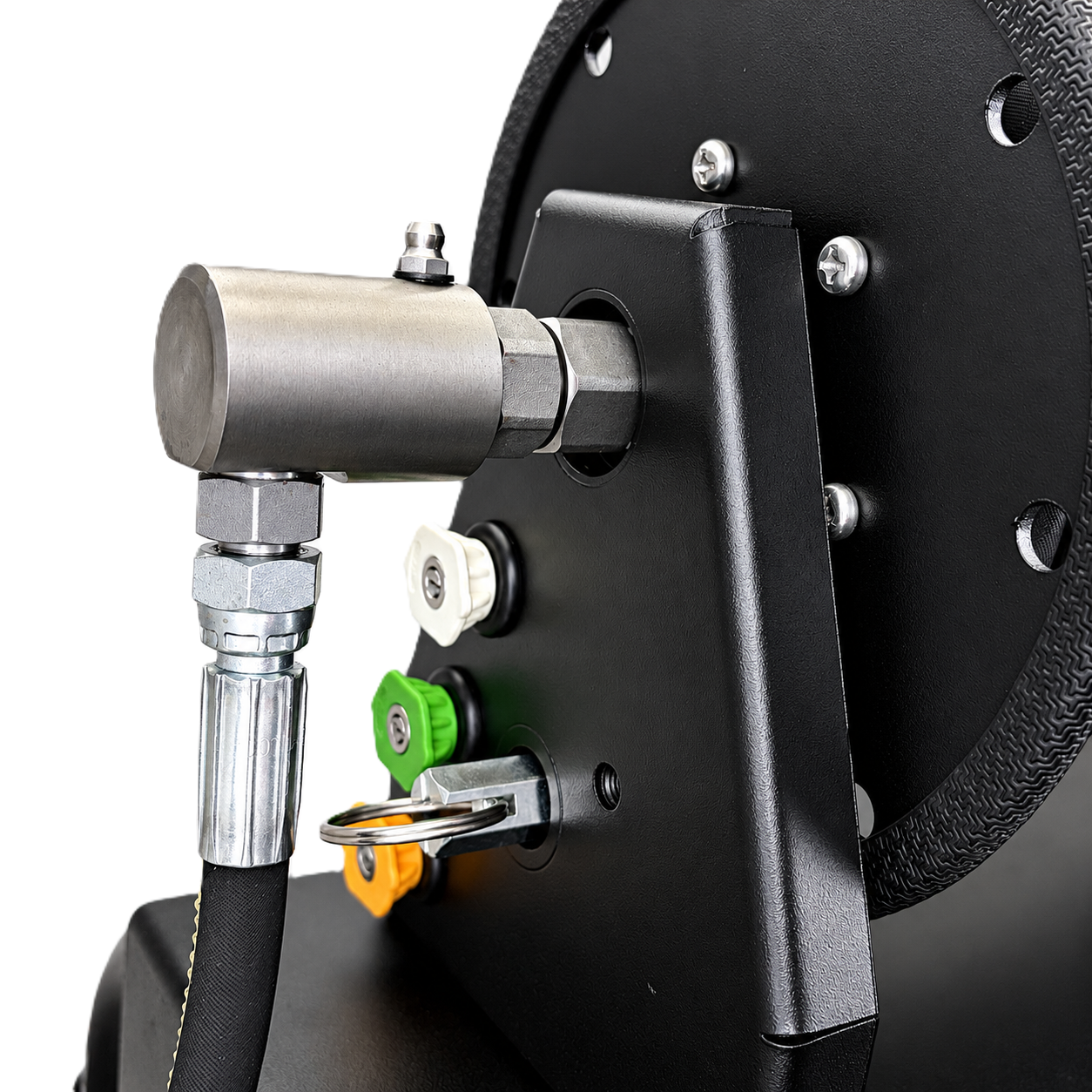 Close-up of a Paddock™ 1,450 PSI Wall Mountable Pressure Washer with Hose Reel featuring a stainless steel hose fitting and four colored spray nozzles attached to the black frame.