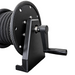 Paddock™ 1,450 PSI Wall Mountable Pressure Washer with Hose Reel, featuring a black wall-mountable high-pressure hose reel with a hand crank and a coiled black pressure hose.