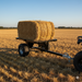 A Paddock Flat Bed Trailer by Paddock, loaded with rectangular hay bales, is parked on a harvested field under a clear blue sky, with hay scattered around.