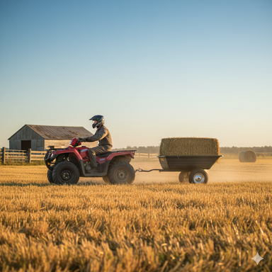 A rider in a helmet drives a red ATV towing the Paddock ATV & Quad Bike Trailer by Paddock, loaded with hay across a golden field, with a barn and hay bales in the background under a clear blue sky.
