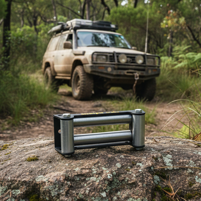 A Sherpa 4x4 Roller Fairlead rests on a rock in the foreground, with a muddy off-road vehicle parked on a dirt trail in a forested area behind it.