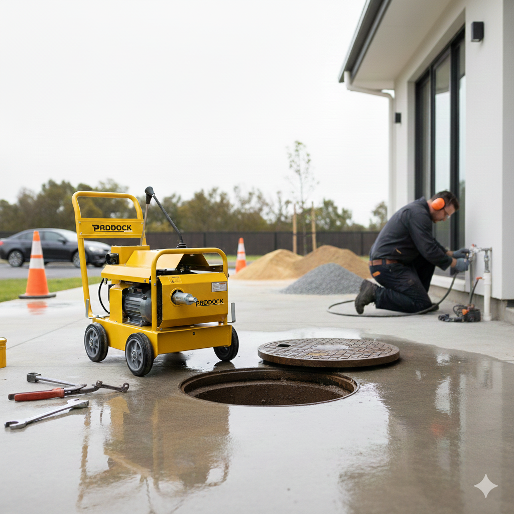 A worker kneels near a white building, using a Paddock Rodder Drain Cleaning Machine by Paddock beside an open manhole. A yellow generator, wrenches, orange safety cones, and dirt piles are on the wet concrete nearby.
