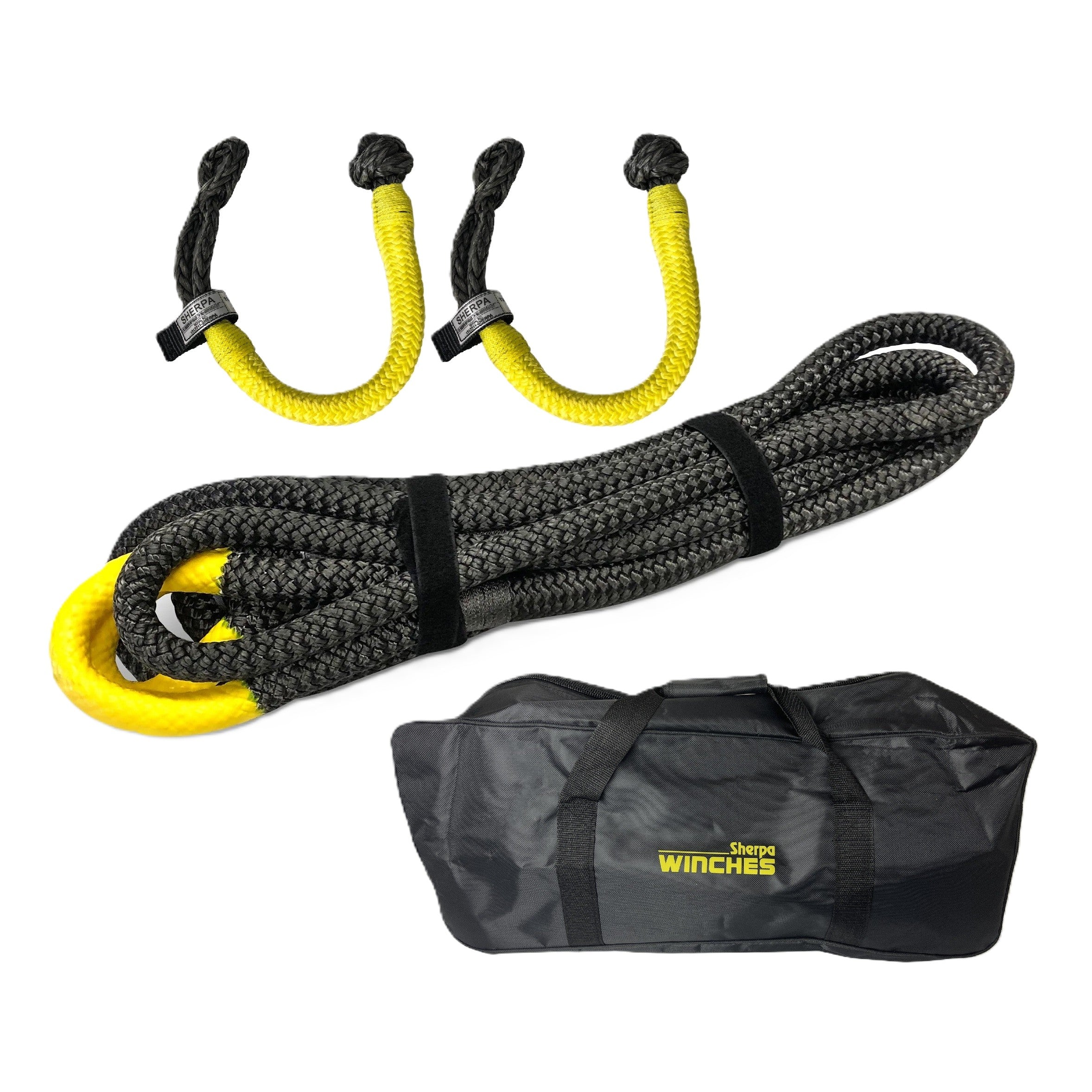The Sherpa 4x4 Recovery Rope Bundle by Sherpa 4x4 features a black braided recovery rope with yellow looped ends and two matching yellow and black shackles, all displayed on a white background.