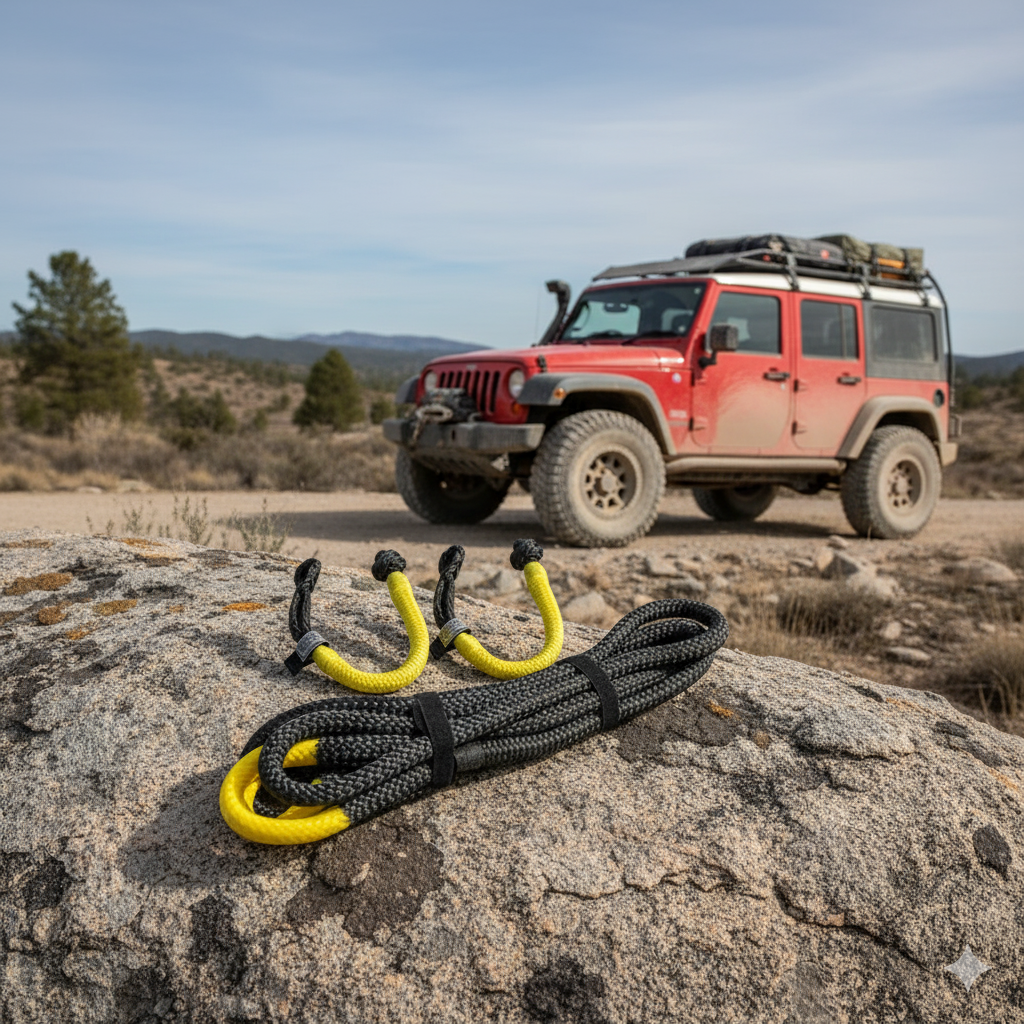 A red off-road SUV sits on a dirt trail in rugged terrain, while a Sherpa 4x4 Recovery Rope Bundle by Sherpa 4x4 with hooks is coiled on a large rock in the foreground. Clear skies and distant hills complete the scene.