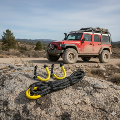 A red off-road SUV sits on a dirt trail in rugged terrain, while a Sherpa 4x4 Recovery Rope Bundle by Sherpa 4x4 with hooks is coiled on a large rock in the foreground. Clear skies and distant hills complete the scene.