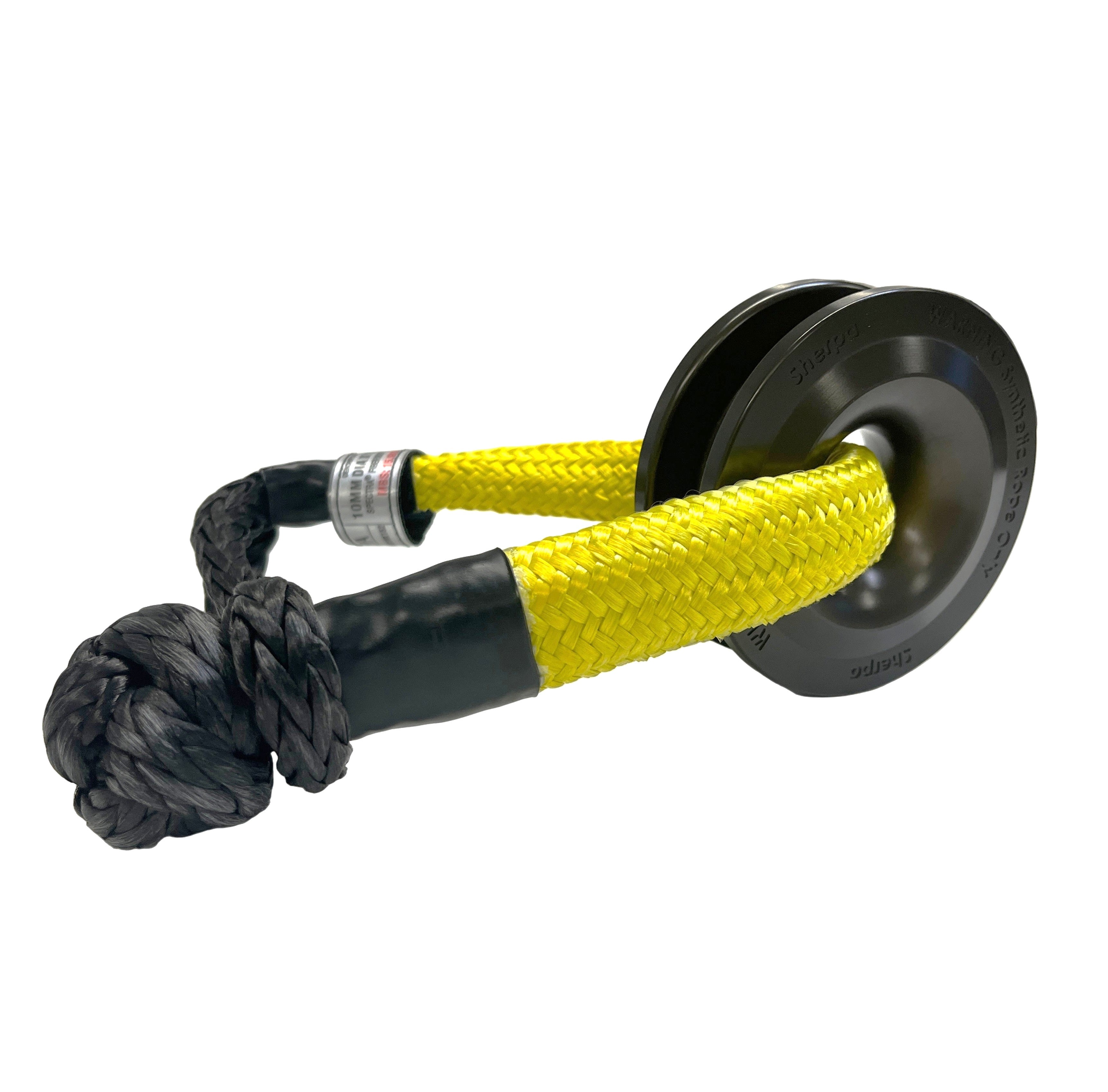 The Sherpa 4x4 Recovery Ring & Soft Shackle Bundle features a black metal friction ring and yellow braided synthetic rope with a black knotted end. Ideal for synthetic winch ropes and fully compatible with soft shackles from Sherpa 4x4.